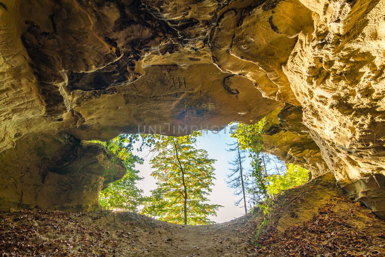 Leisurely hike at the golden hour to the famous Heidenhoehlen near Stockach on Lake Constance