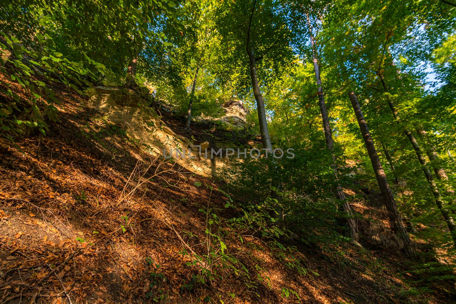 Leisurely hike at the golden hour to the famous Heidenhoehlen near Stockach on Lake Constance