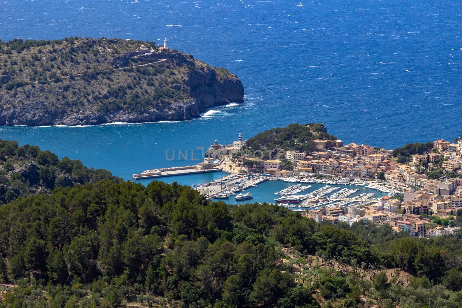 Scenic View at Port de Soller  on balearic island Mallorca, Spain with the mediterranean sea in background 