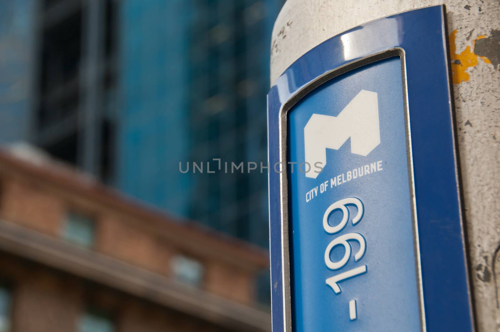 MELBOURNE, AUSTRALIA - JULY 26, 2018: Logo for City of Melbourne with 199 number on light pole