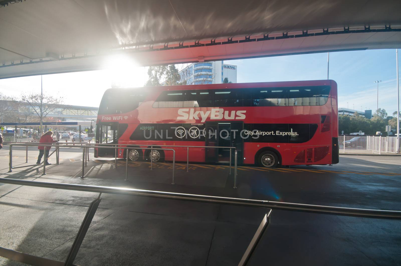 MELBOURNE, AUSTRALIA - JULY 26, 2018: Big red double deckers sky bus from Melbourne airport to city center