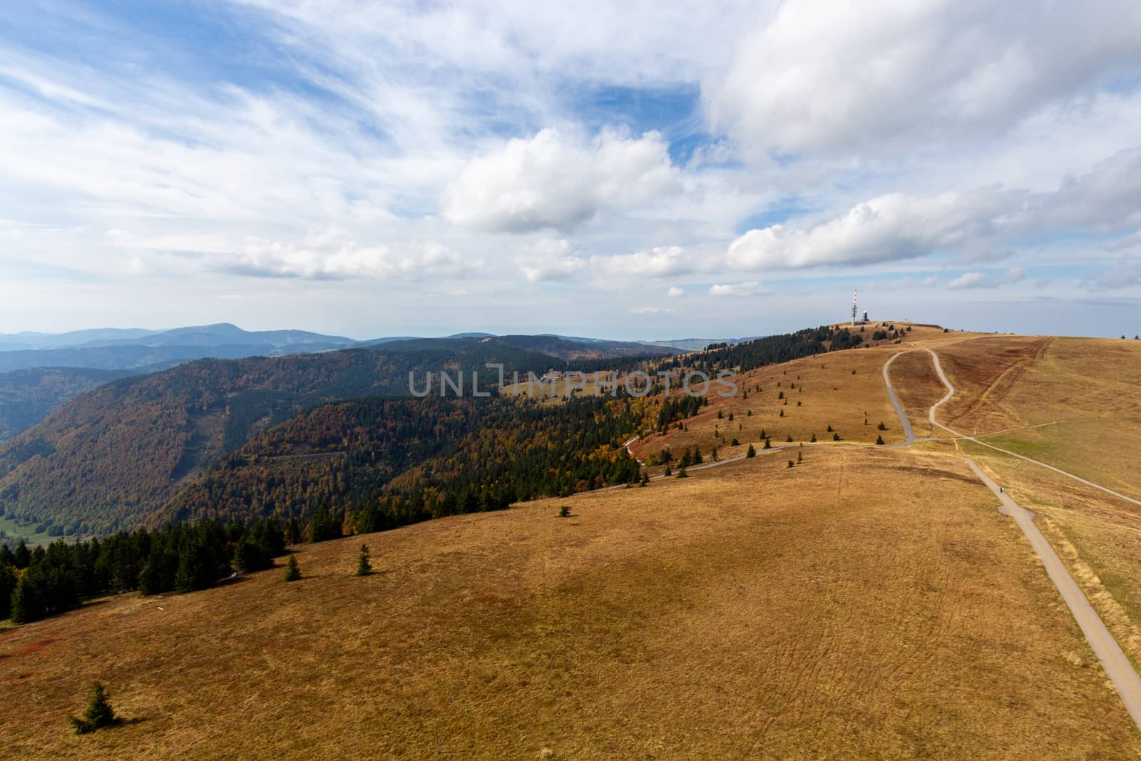 Scenic view from Feldberg tower at landscape of Black Forest, Germany in autumn 