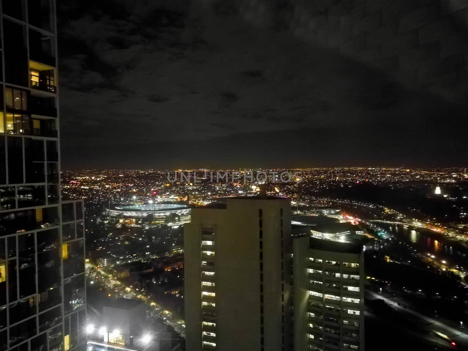 MELBOURNE, AUSTRALIA - JULY 27, 2018: Night romantic luxery scene of metropolis skyscraper of Melbourne Australia