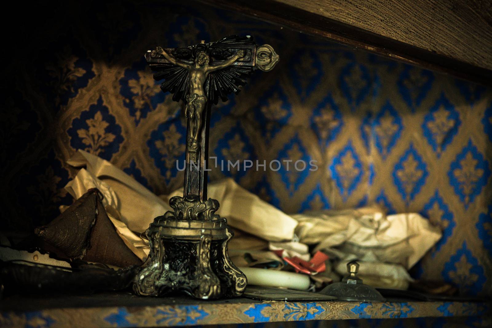 An old abandoned farm house, a lost place with dirty furniture and dusty paintings by mindscapephotos