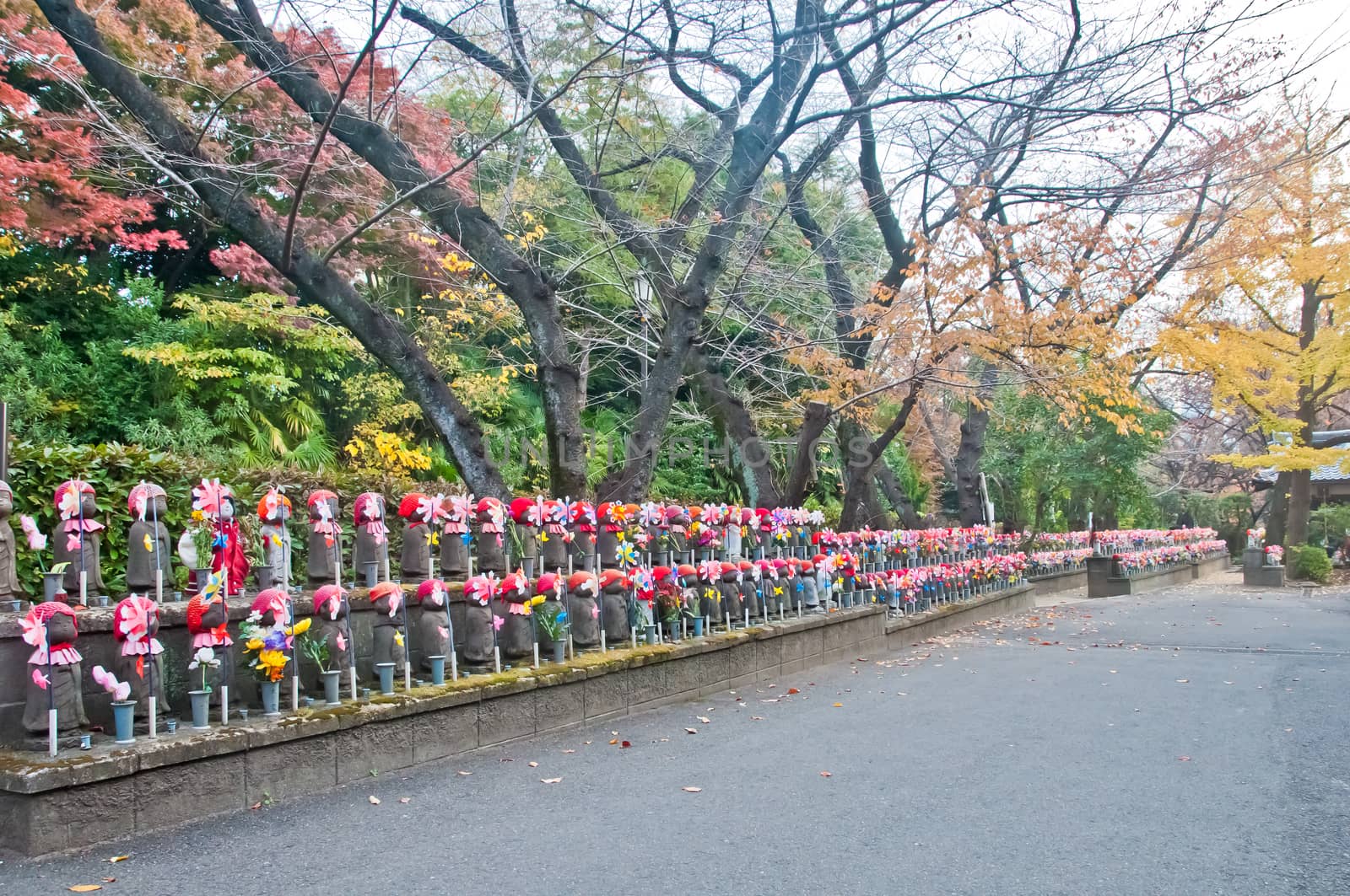 TOKYO, JAPAN - DECEMBER 1, 2018: Scene of wind turbine papers to worship souls of children in the back park of Zojo-ji Buddhist famous temple built from 1622. There is nobody in the photo.