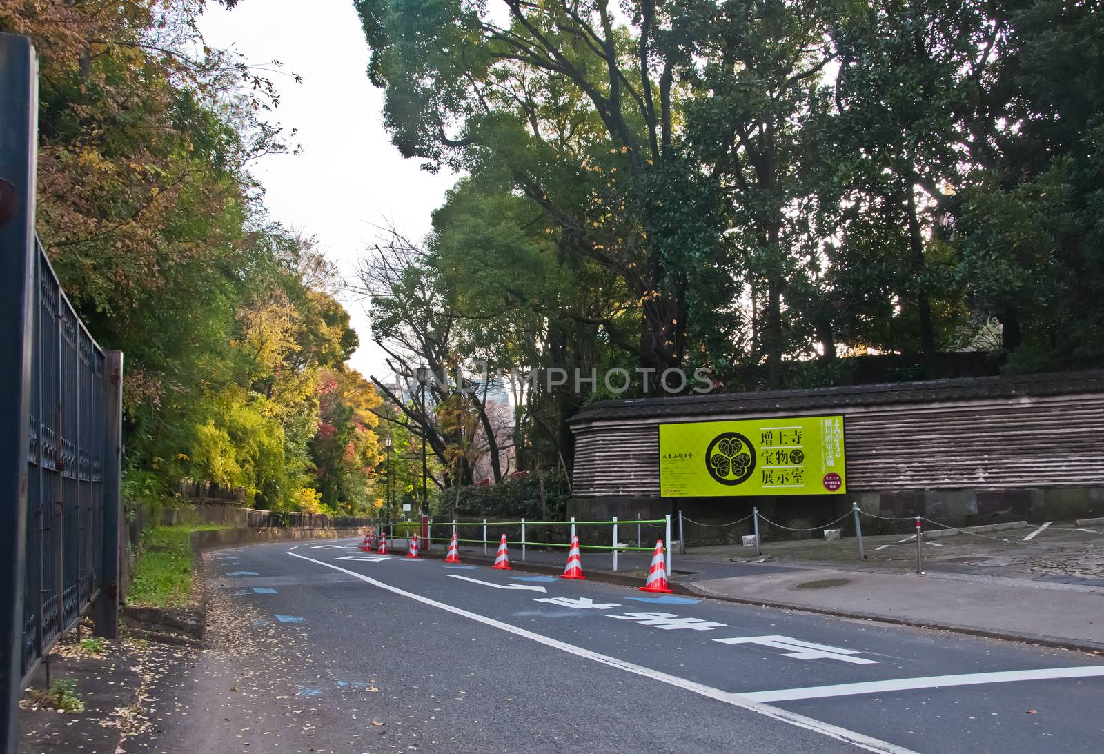 TOKYO, JAPAN - DECEMBER 1, 2018: A road toward Zojoji famous Budhist temple in Tokyo in the morning. There is nobody in the photo.