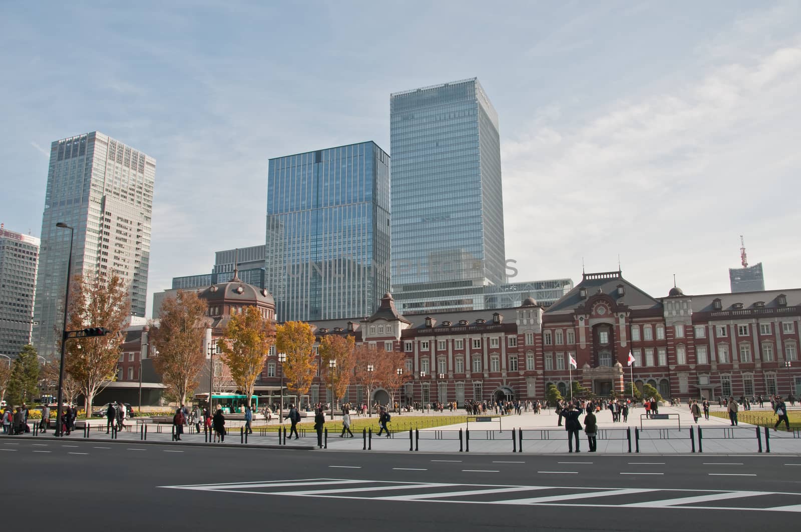 TOKYO, JAPAN - DECEMBER 1, 2018:  Tokyo Station railway building with Gingko yellow foliage leaves trees in late Autumn. There are many people walk on the street in front of the station.