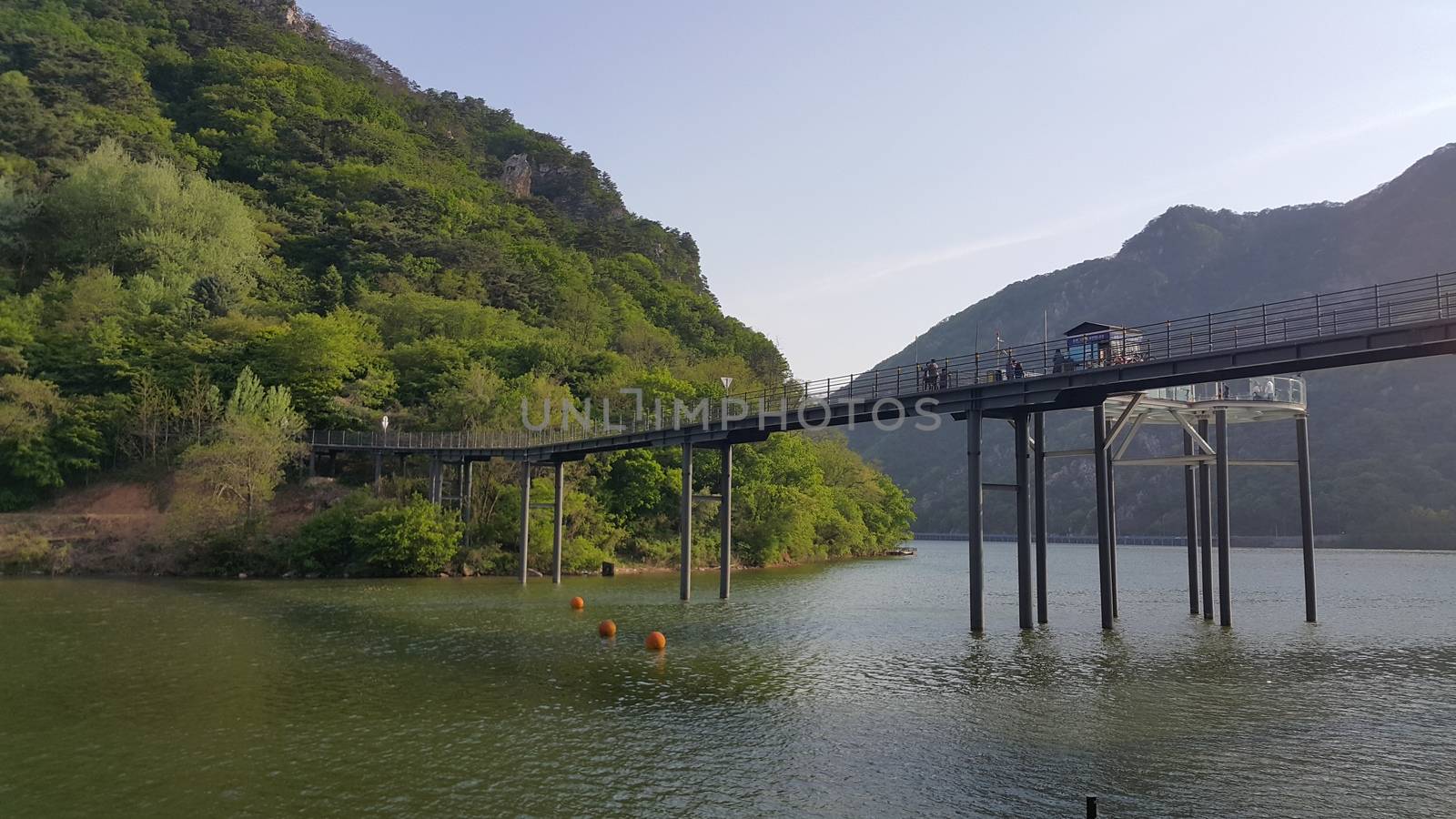 View of beautiful scene of river water and green trees on large hills on a sunny day with blue sky in background. A lovely landscape with breathtaking view over the horizon .