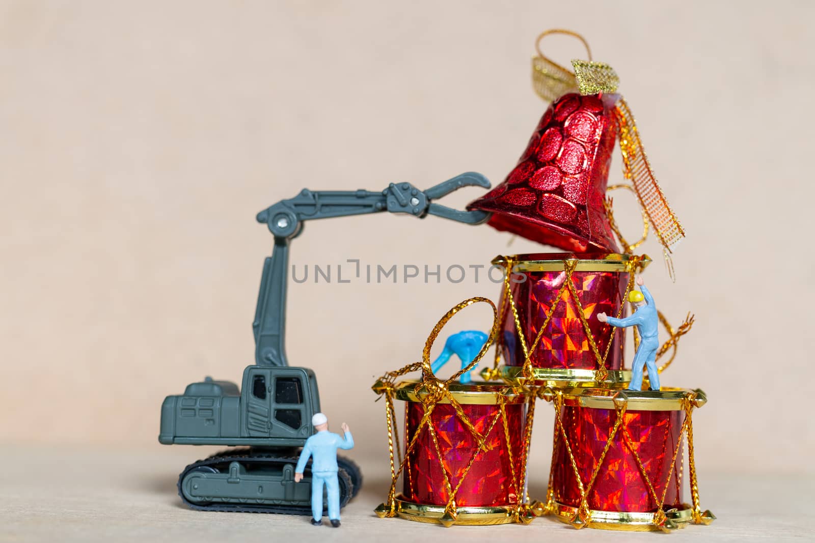 Miniature people,  Worker team working with a Christmas decoration , Christmas and Happy New Year concept.