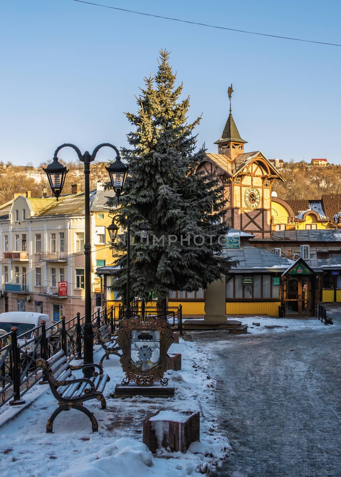 Chortkiv, Ukraine 01.06.2020. City centre and the old Town Hall in Chortkiv, Ukraine, on a sunny winter day