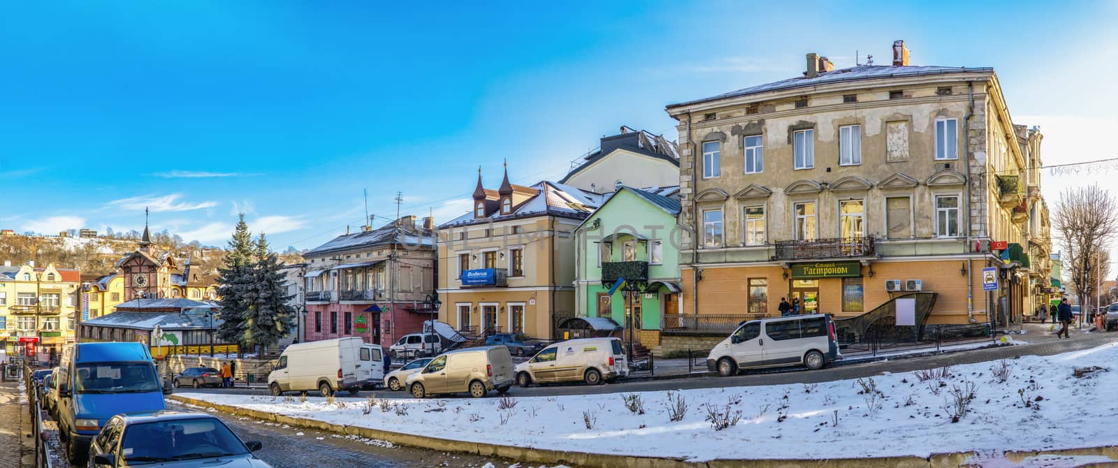 Chortkiv, Ukraine 01.06.2020. City centre and the old Town Hall in Chortkiv, Ukraine, on a sunny winter day