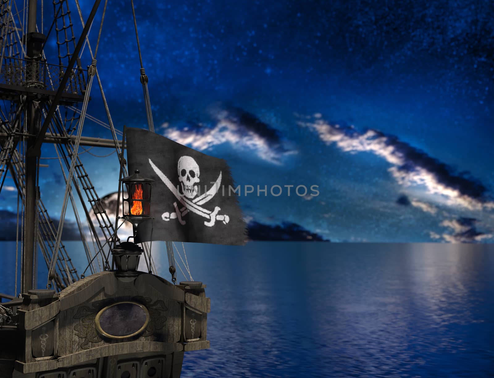 Pirate sailship with flag at moonlight by ankarb