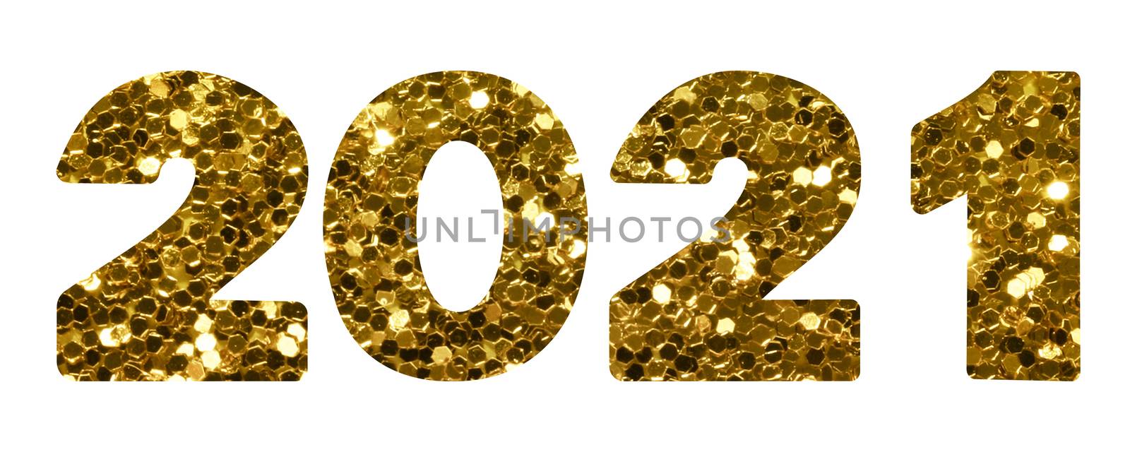 2021 gold sequin texture design template Celebration typography poster, banner or greeting card. llustration isolated on white background.