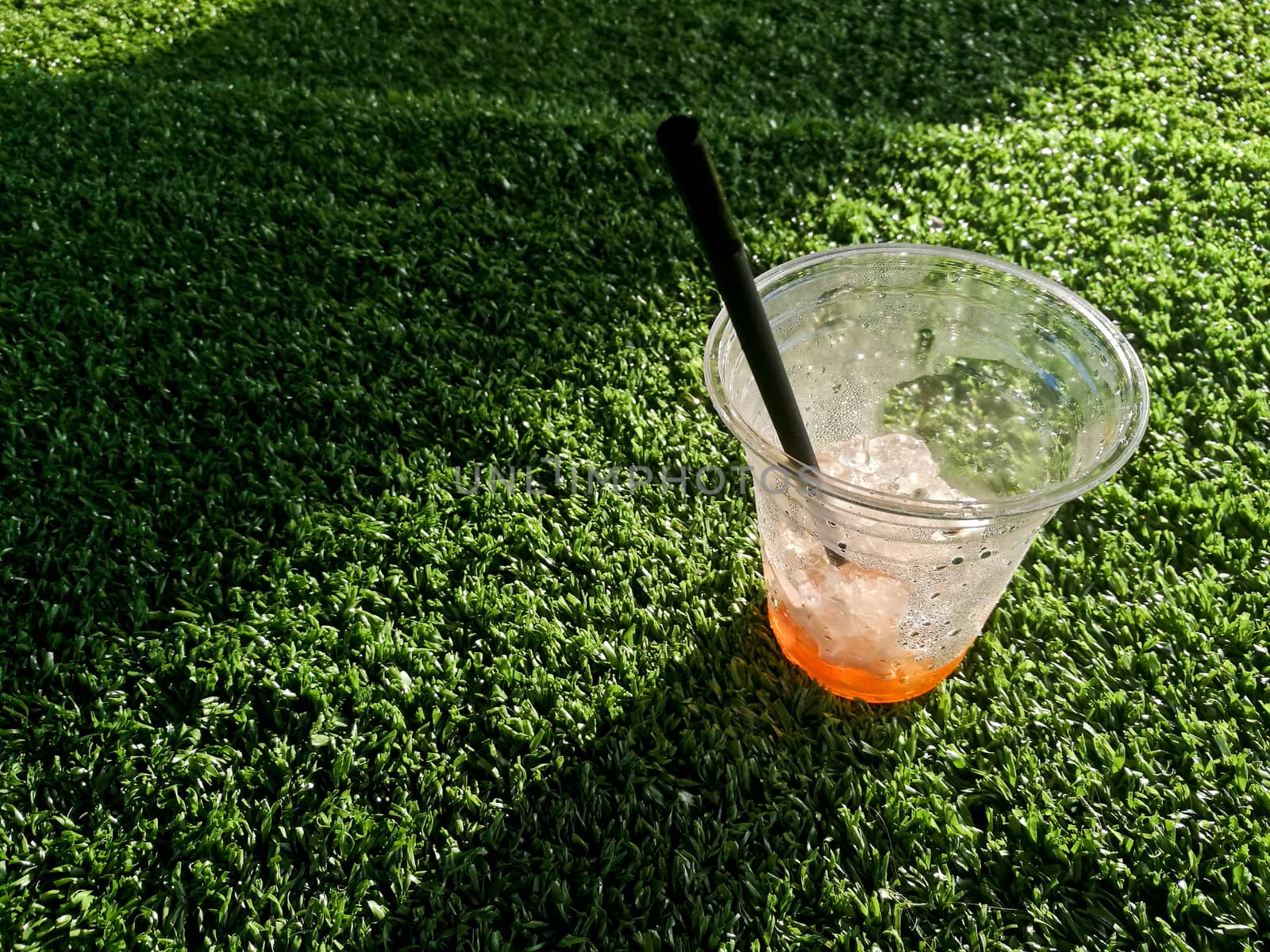Empty iced cold Thai milk tea on green grass
