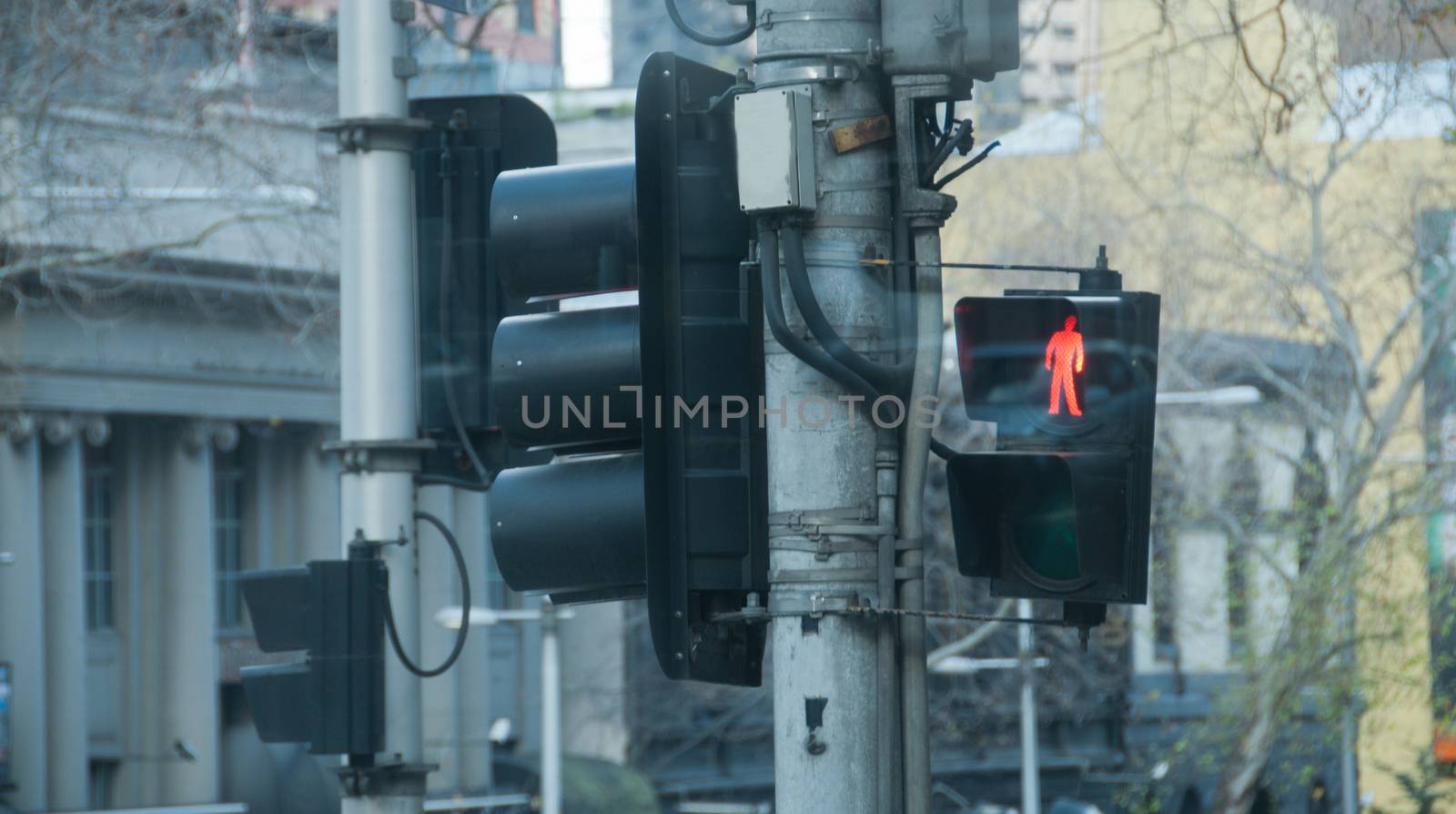 Red traffic light pole in Winter in Melbourne Australia