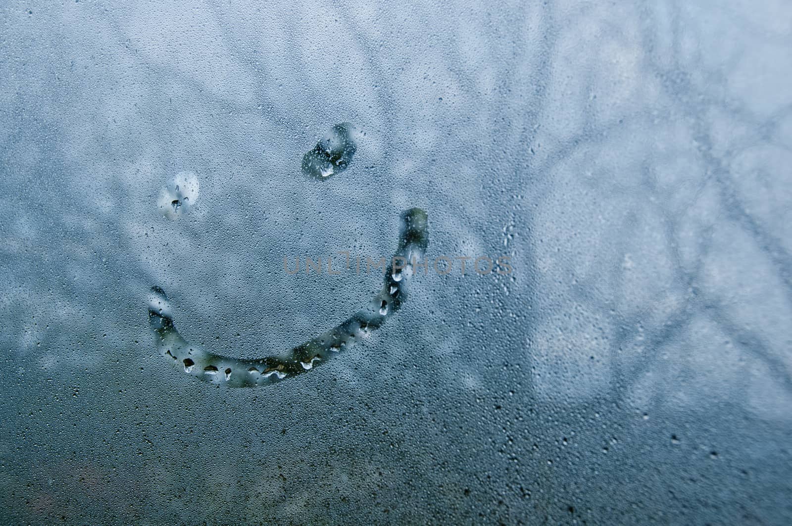 Smiley shape on droplet window of cold misty morning