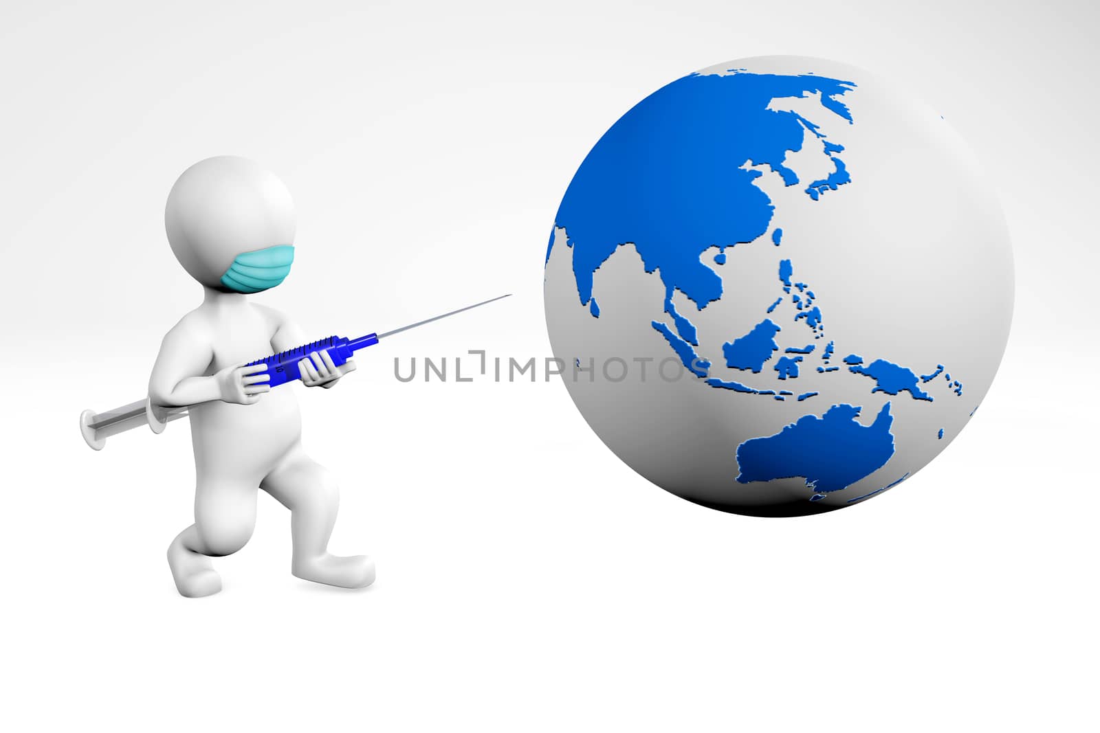 man vaccinating the planet 3d rendering isolated on white