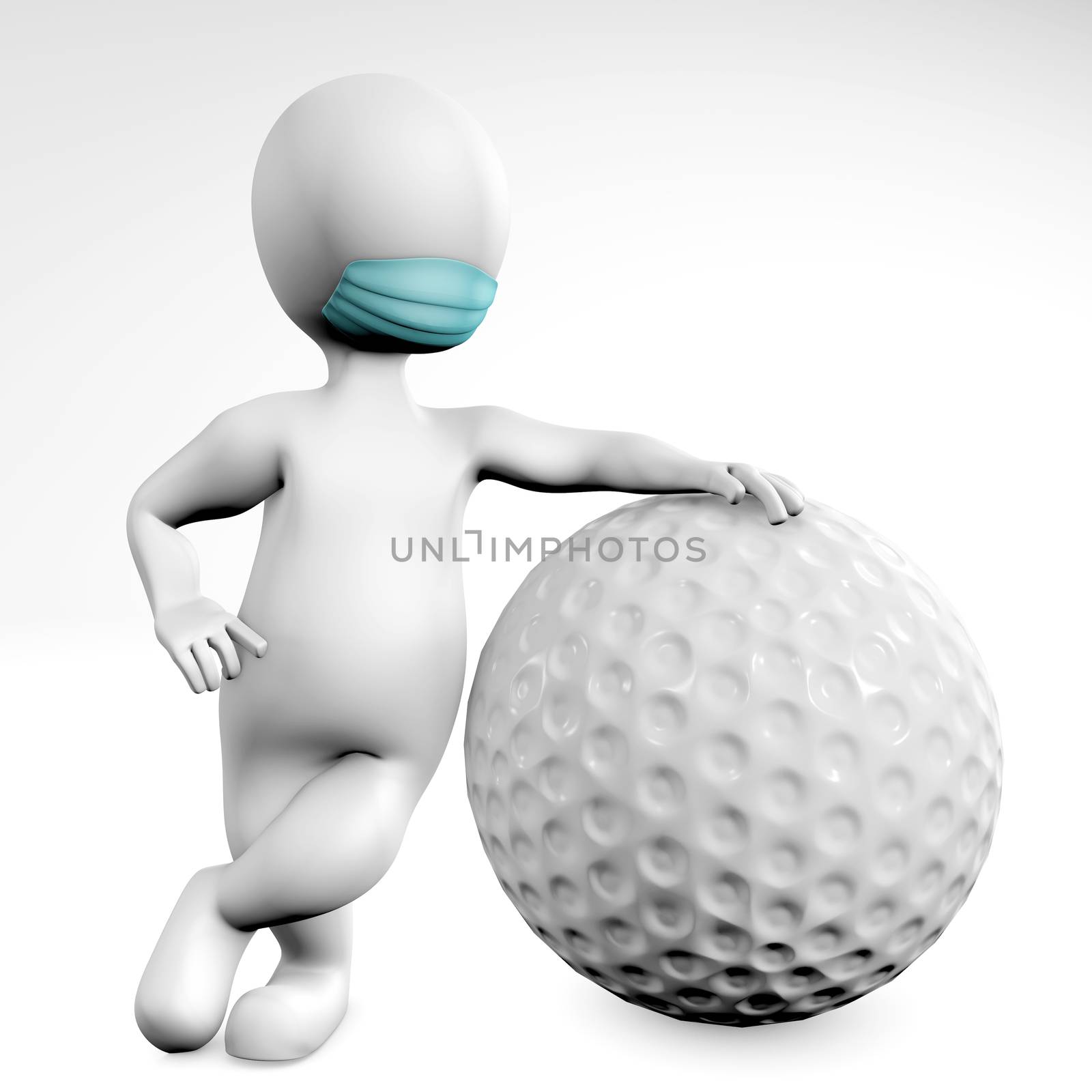 Man with a mask with a ball for golf 3d rendering isolated on white