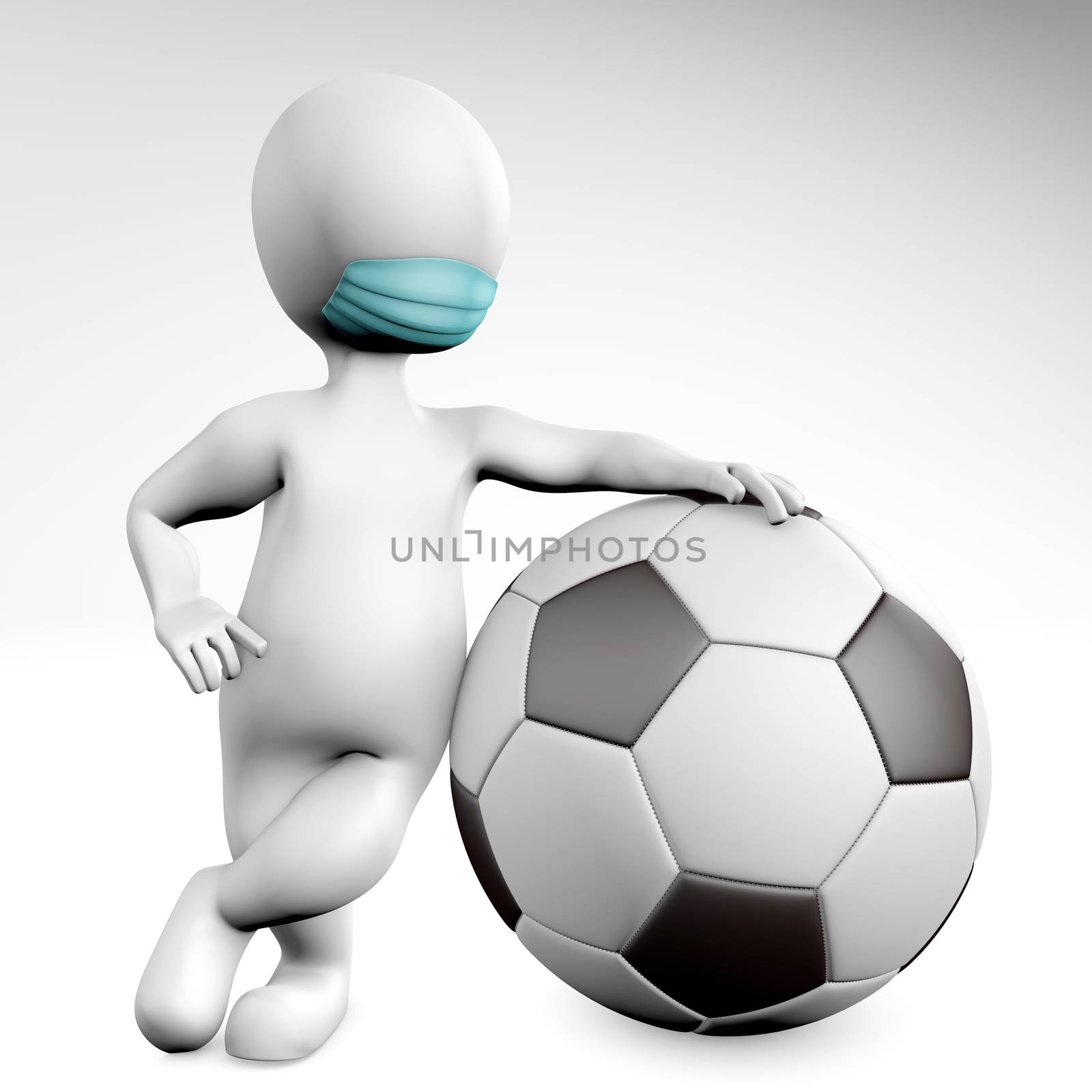 Man with a mask with a ball for soccer 3d rendering isolated on white