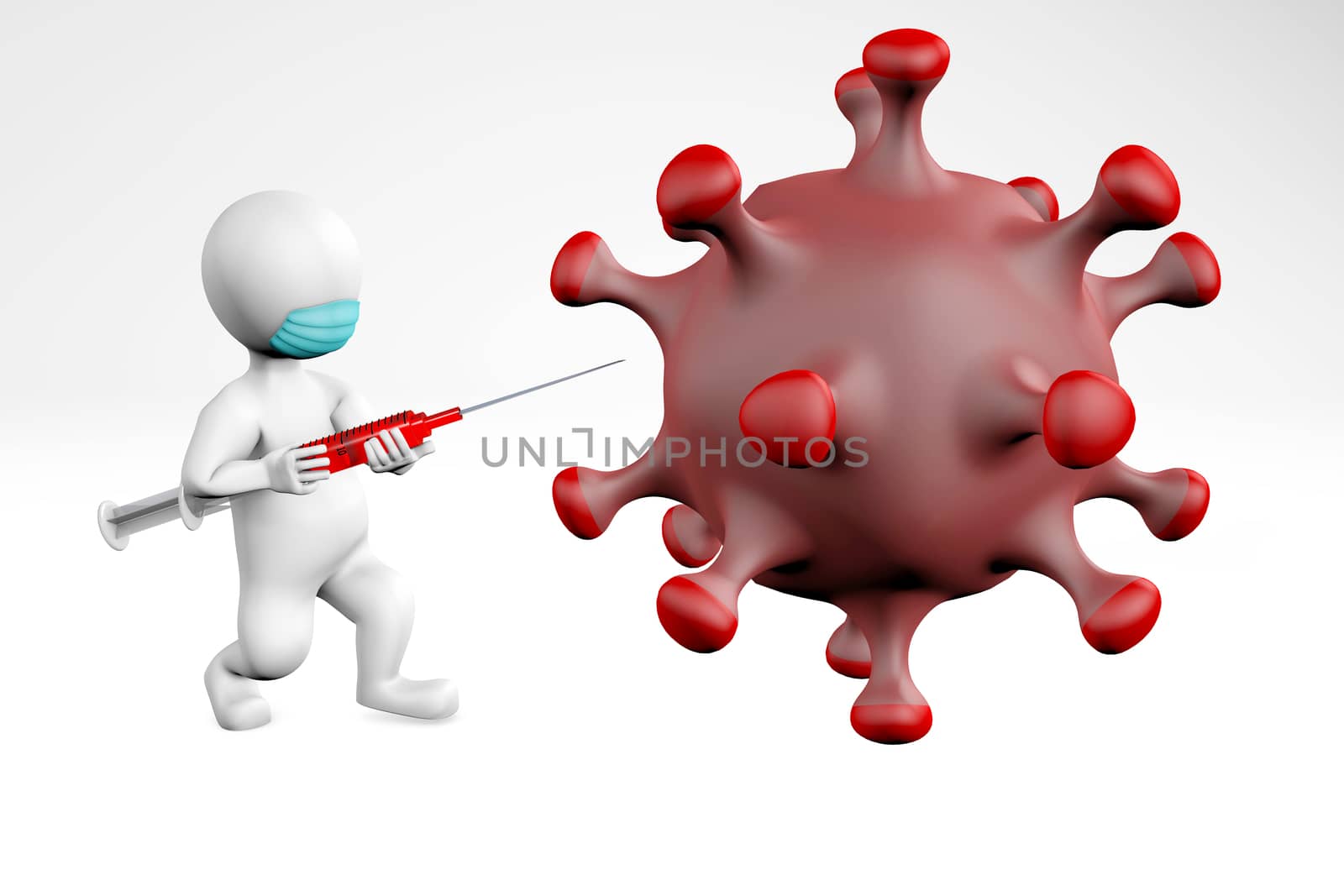 man fightings against corona 3d rendering isolated on white