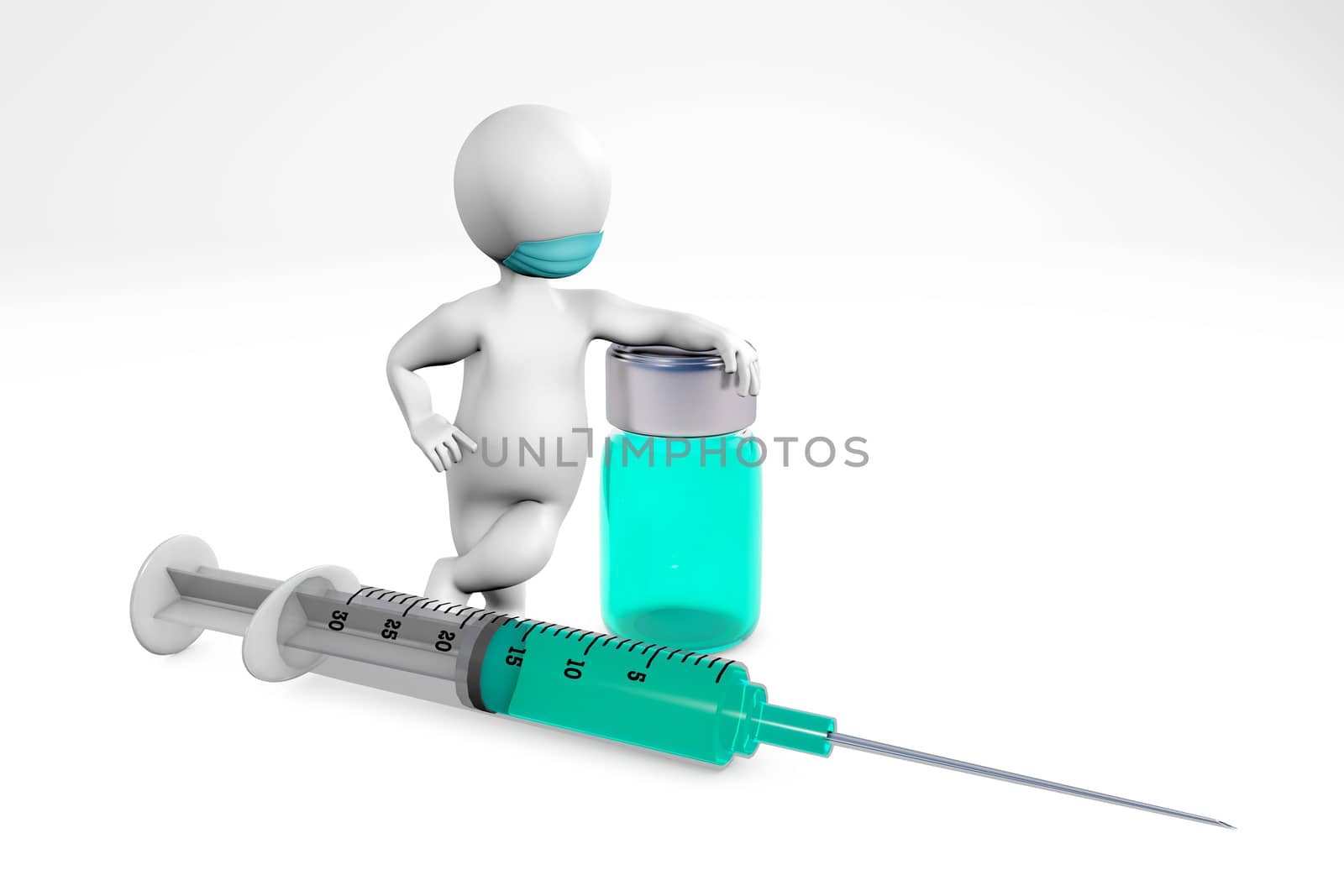 Man with a mask with syringe and medicine 3d rendering isolated on white