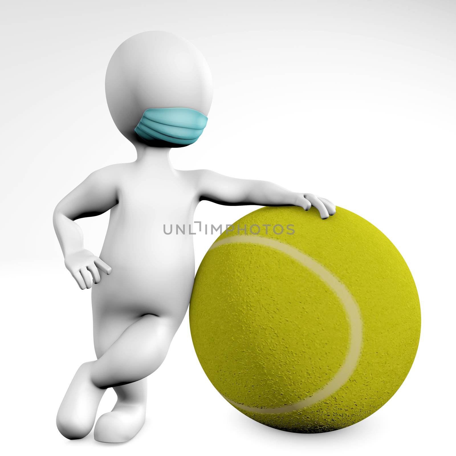 Man with a mask with a ball for tennis 3d rendering isolated on white