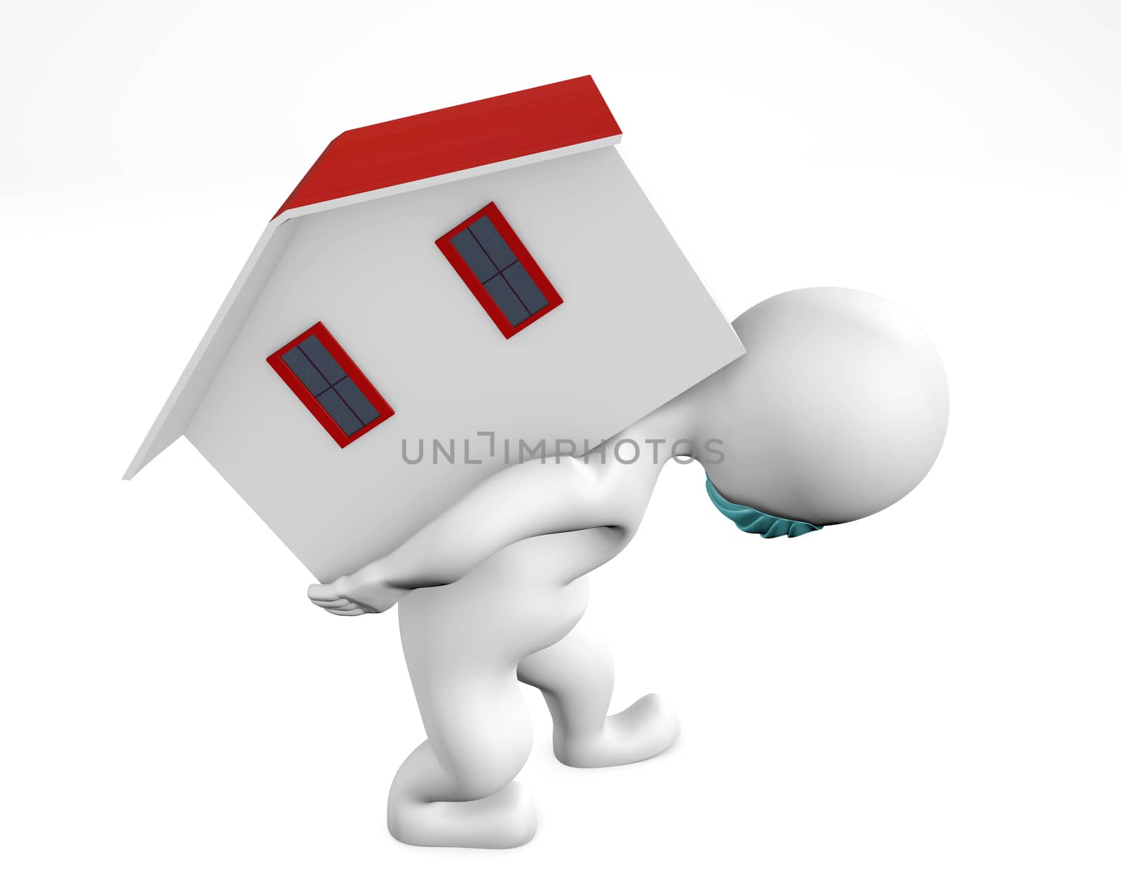 Man with mask holding burden of a household 3d rendering isolated on white