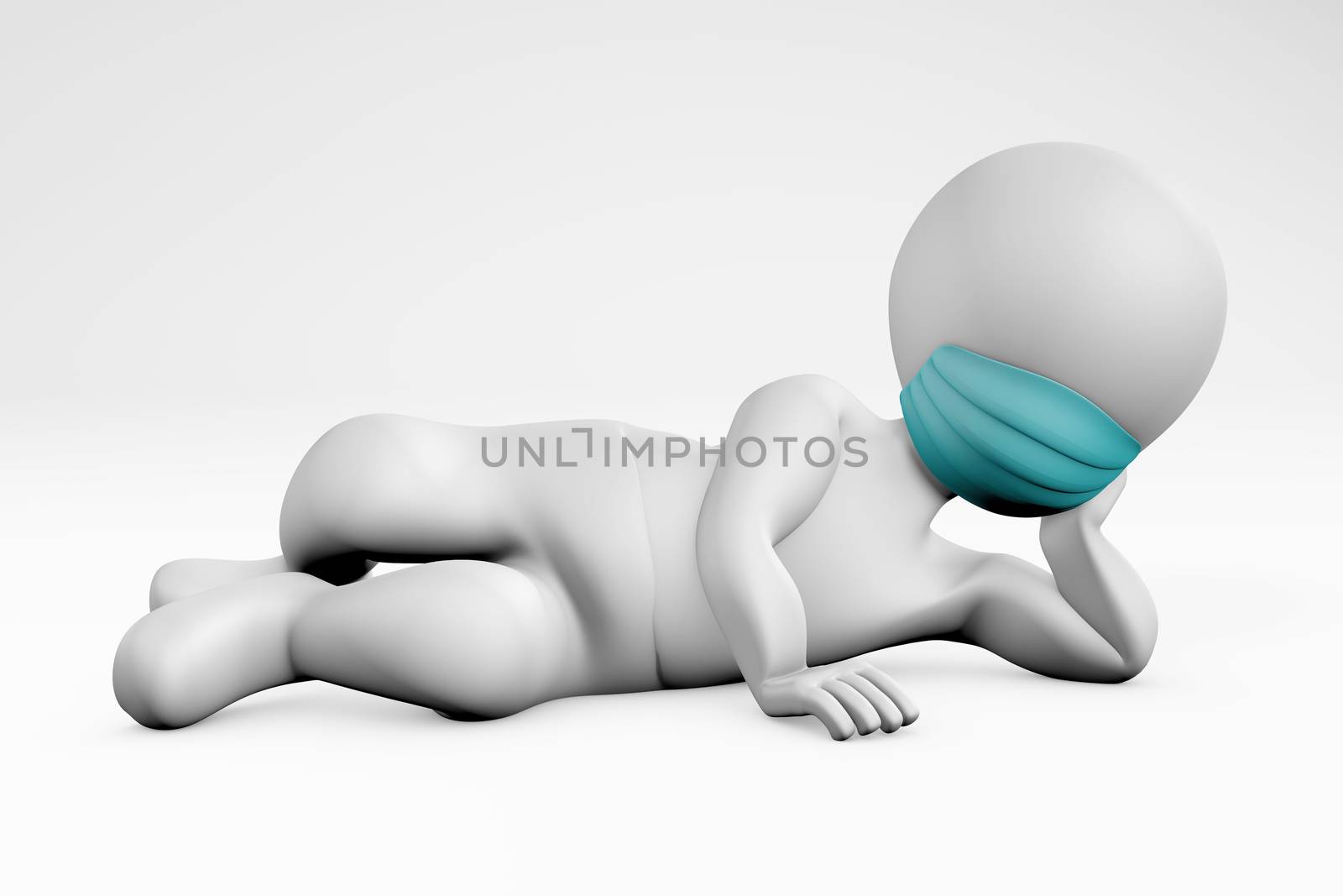 Man with mask lying on the floor 3d rendering isolated on white
