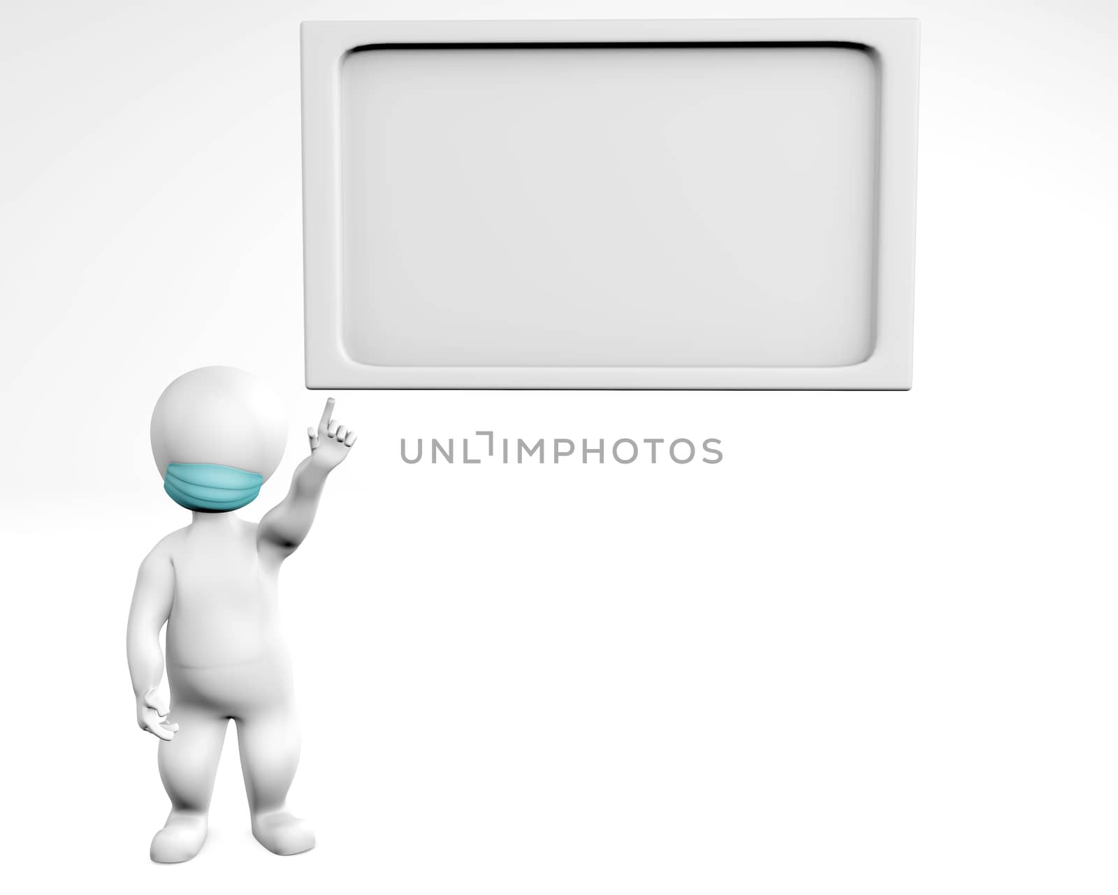 Man with mask pointing up at a label 3d rendering isolated on white