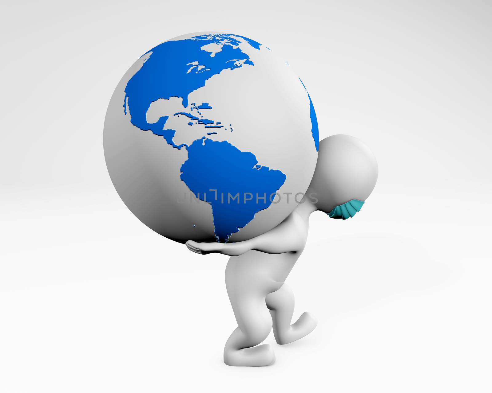 Man with mask wearing the burden of the planet 3d rendering isolated on white