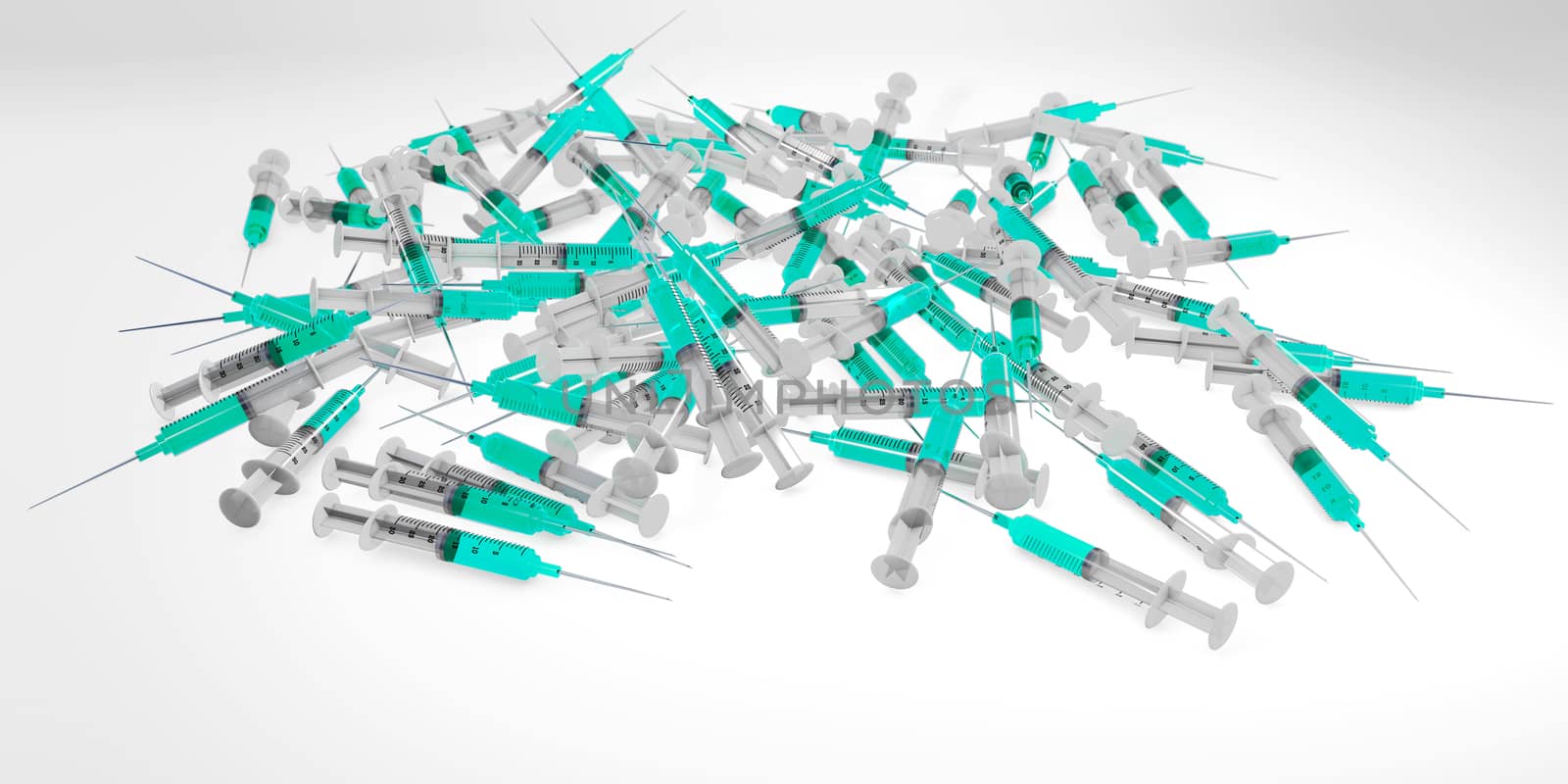 syringes scattered 3d rendering vaccine cure concept isolated on white