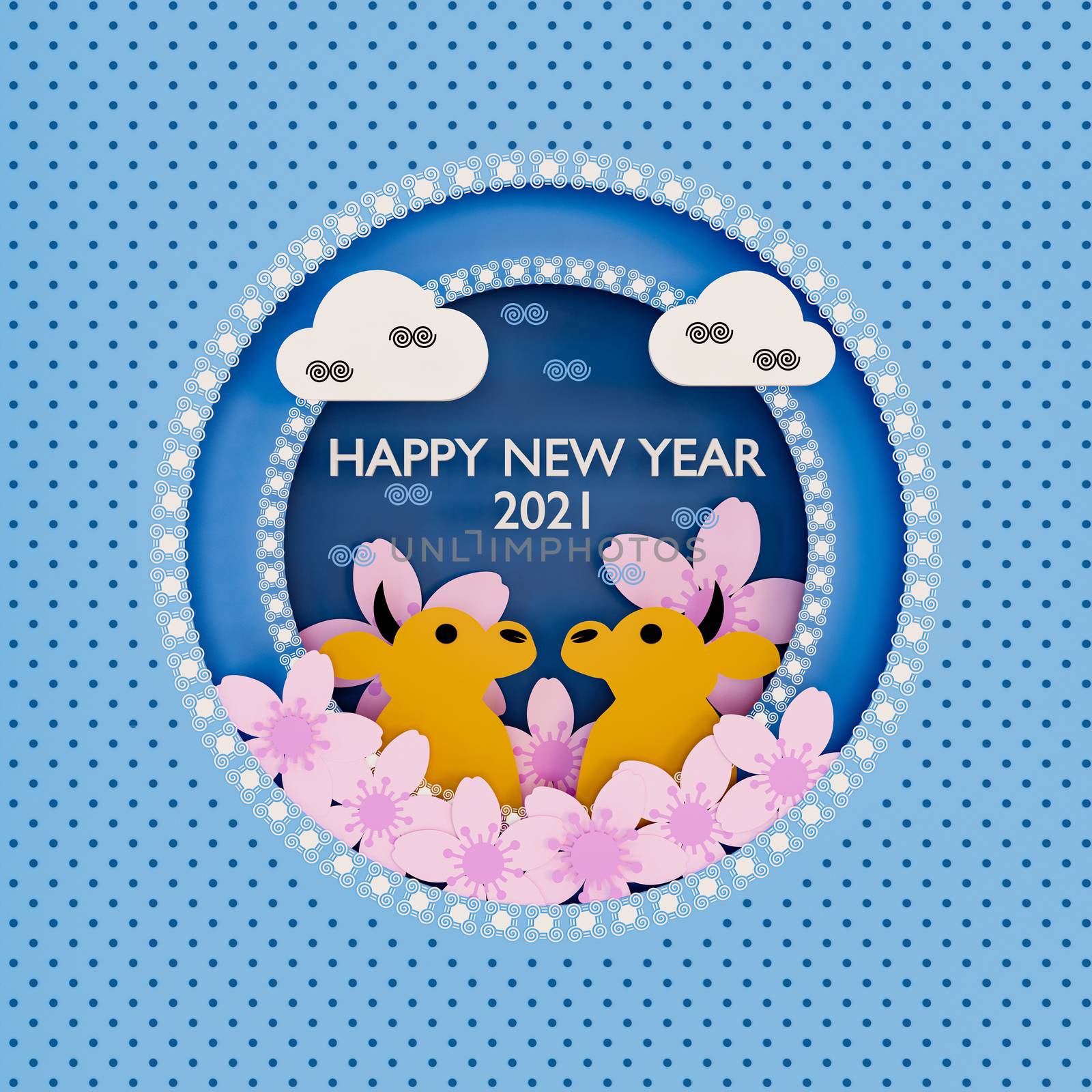 An illustration of cute baby cow models with pink cherry blossoms and oriental elements on blue background. Happy New Year 2021 card.