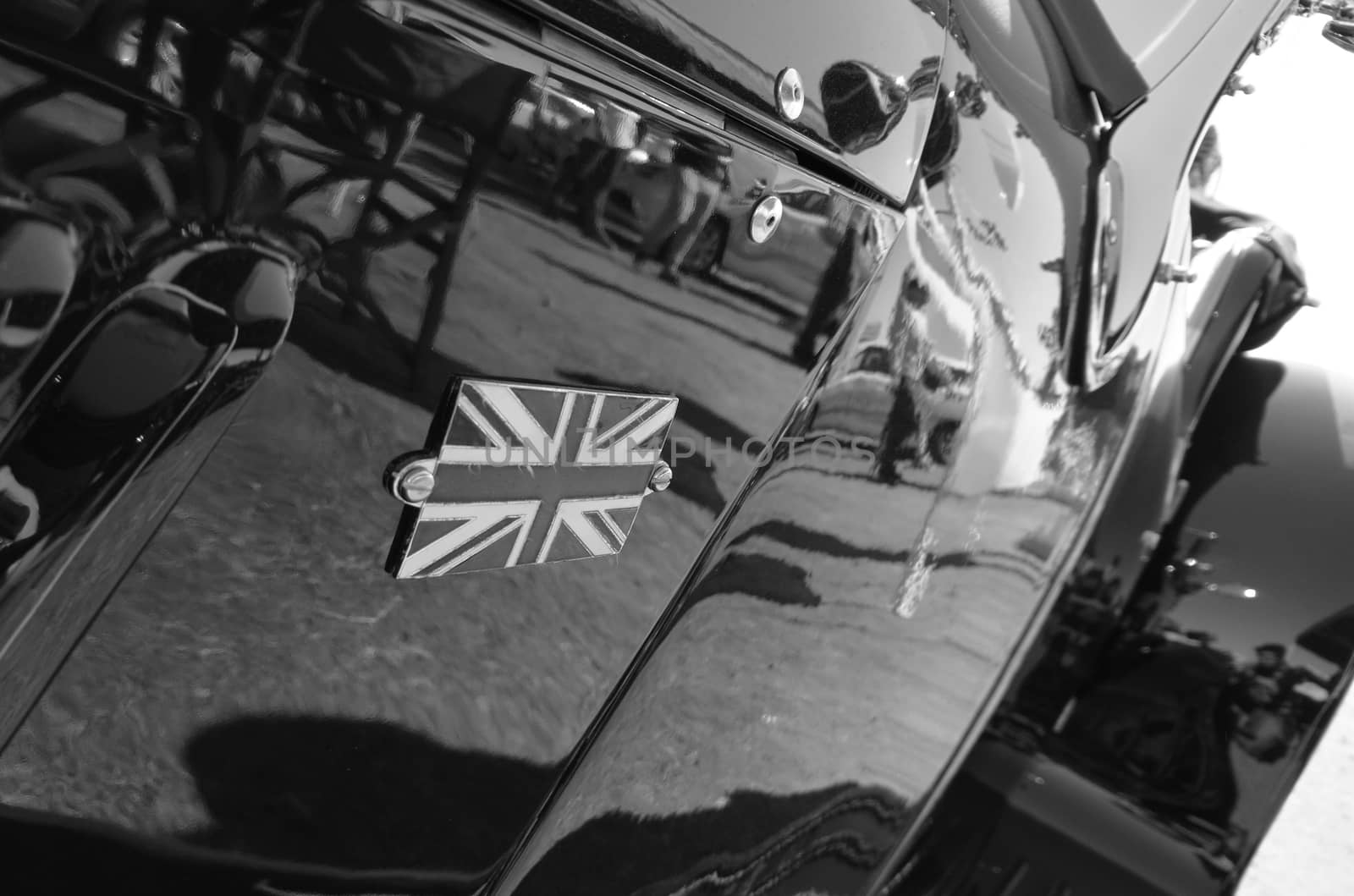 United Kingdom National Union Jack logo on classical car in black and white