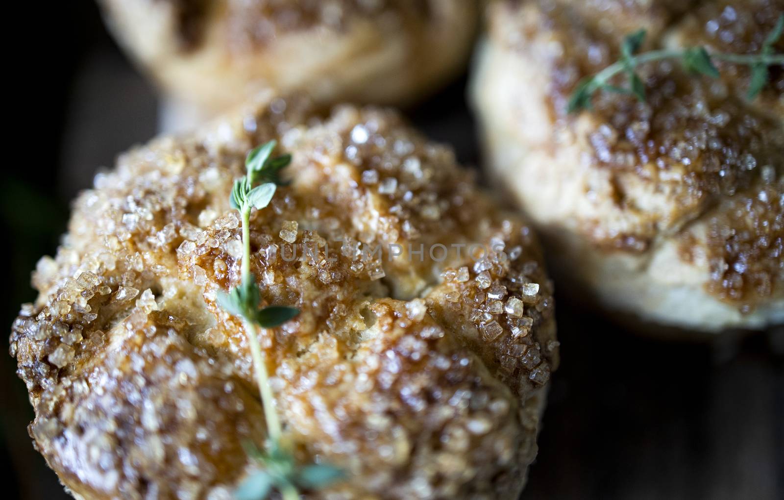 Closeup of granulated sugar scones.