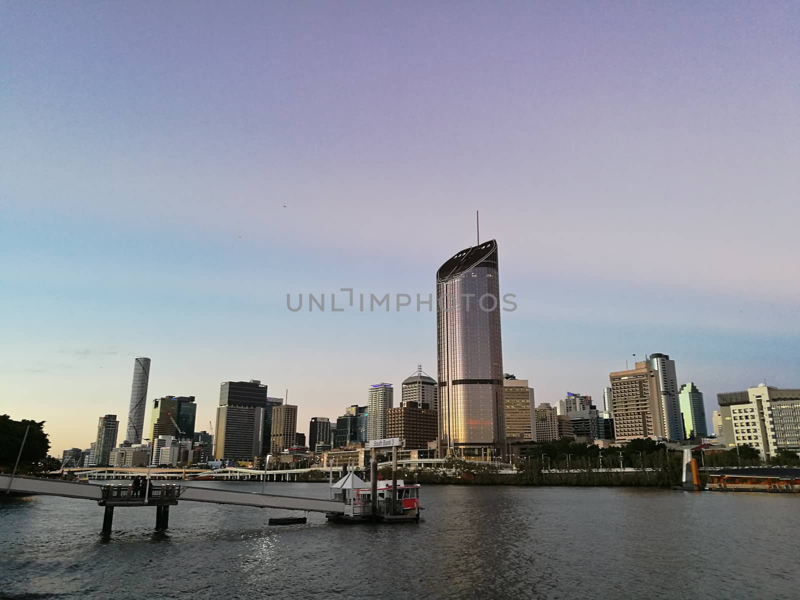 Evening scene of Brisbane North Bank riverside with skyscraper scene in Evening