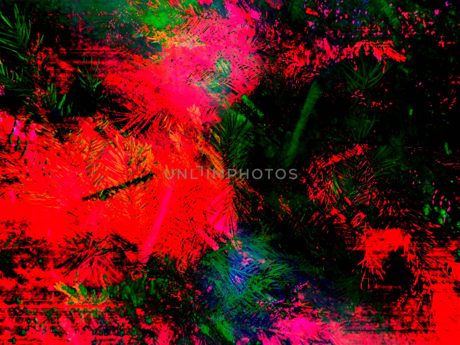 Coniferous spruce twigs festively shimmer in green, red, purple, orange and blue. Surreal wall painting in a modern style. Art background for your wallpapers, projects and artworks for the new 2021 year of the white bull.
