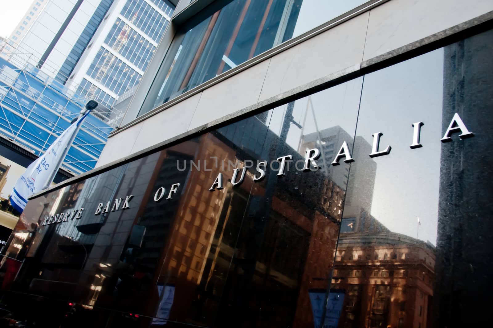 SYDNEY, AUSTRALIA - MAY 5, 2018: Reserve Bank of Australia building name on black stone wall in the center of Sydney NSW Australia.