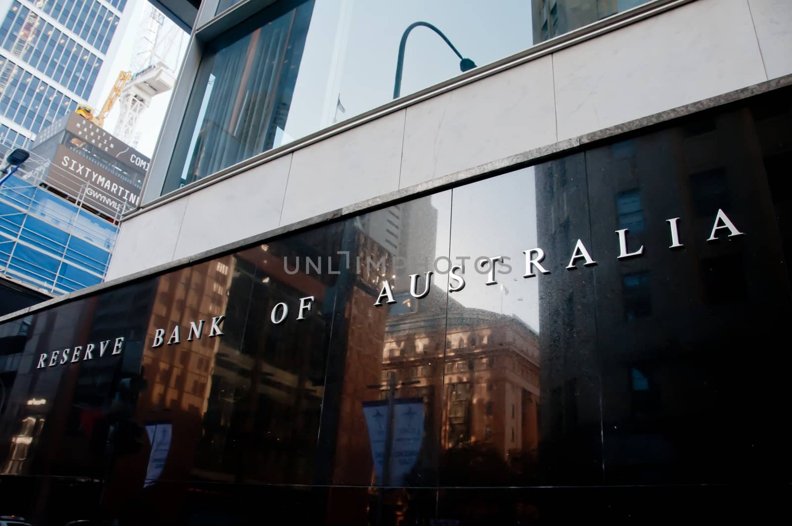 SYDNEY, AUSTRALIA - MAY 5, 2018: Reserve Bank of Australia building name on black stone wall in the center of Sydney NSW Australia.