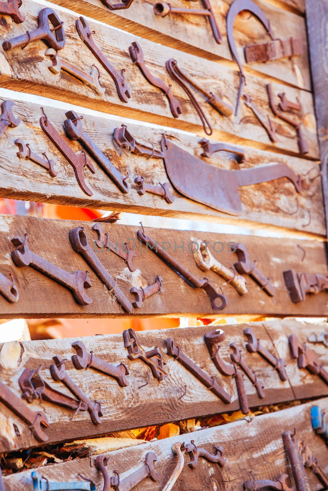 A set of ancient historic tools on display in Jerome, Arizona, USA