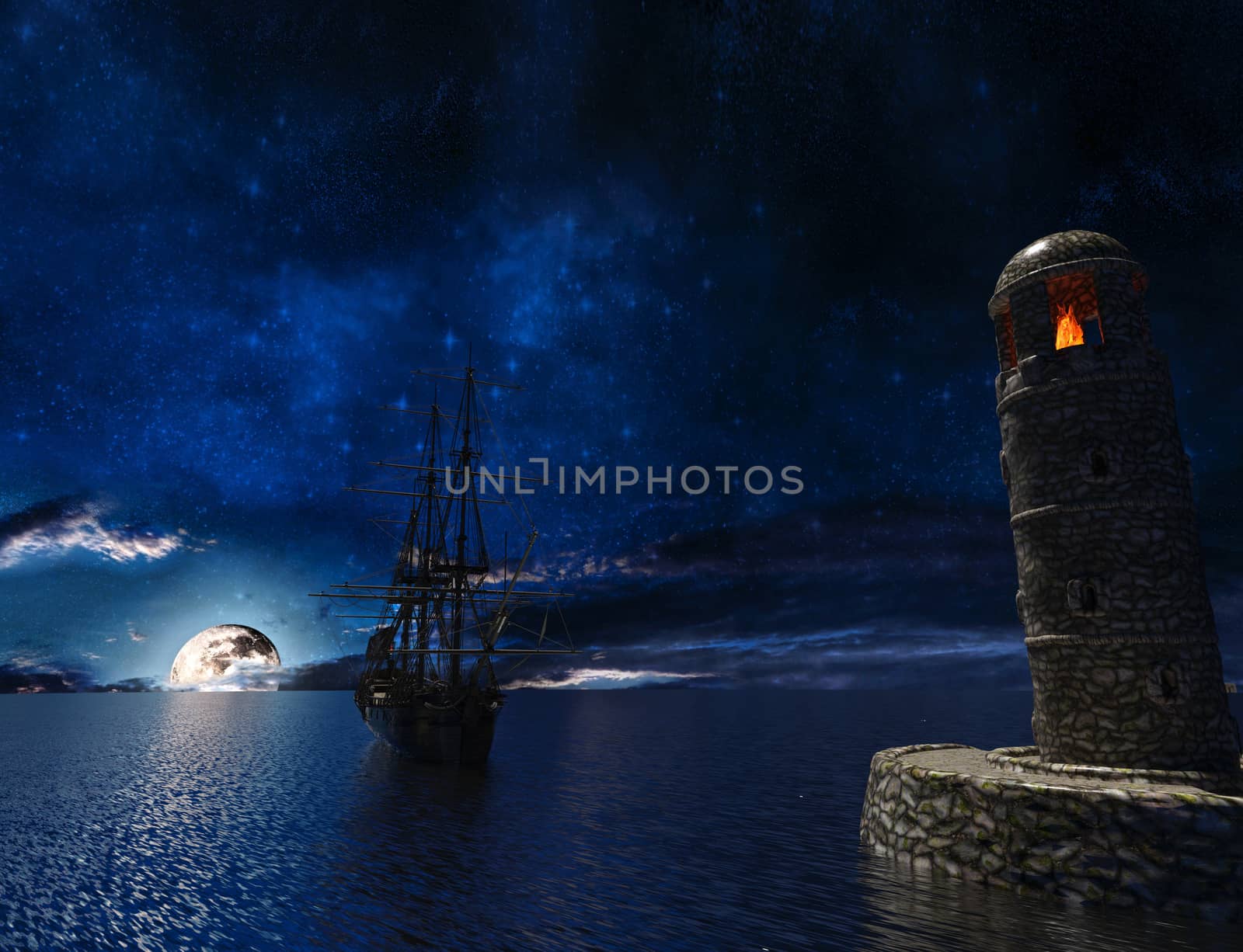 Pirate sailship near the old lighthouse with fire at moonlight - 3d rendering