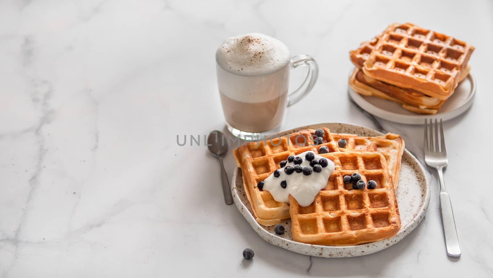 Delicious homemade baked belgian waffles with greek yogurt, blueberries and cappuccino on white marble background. Perfect breakfast with copy space for text or design