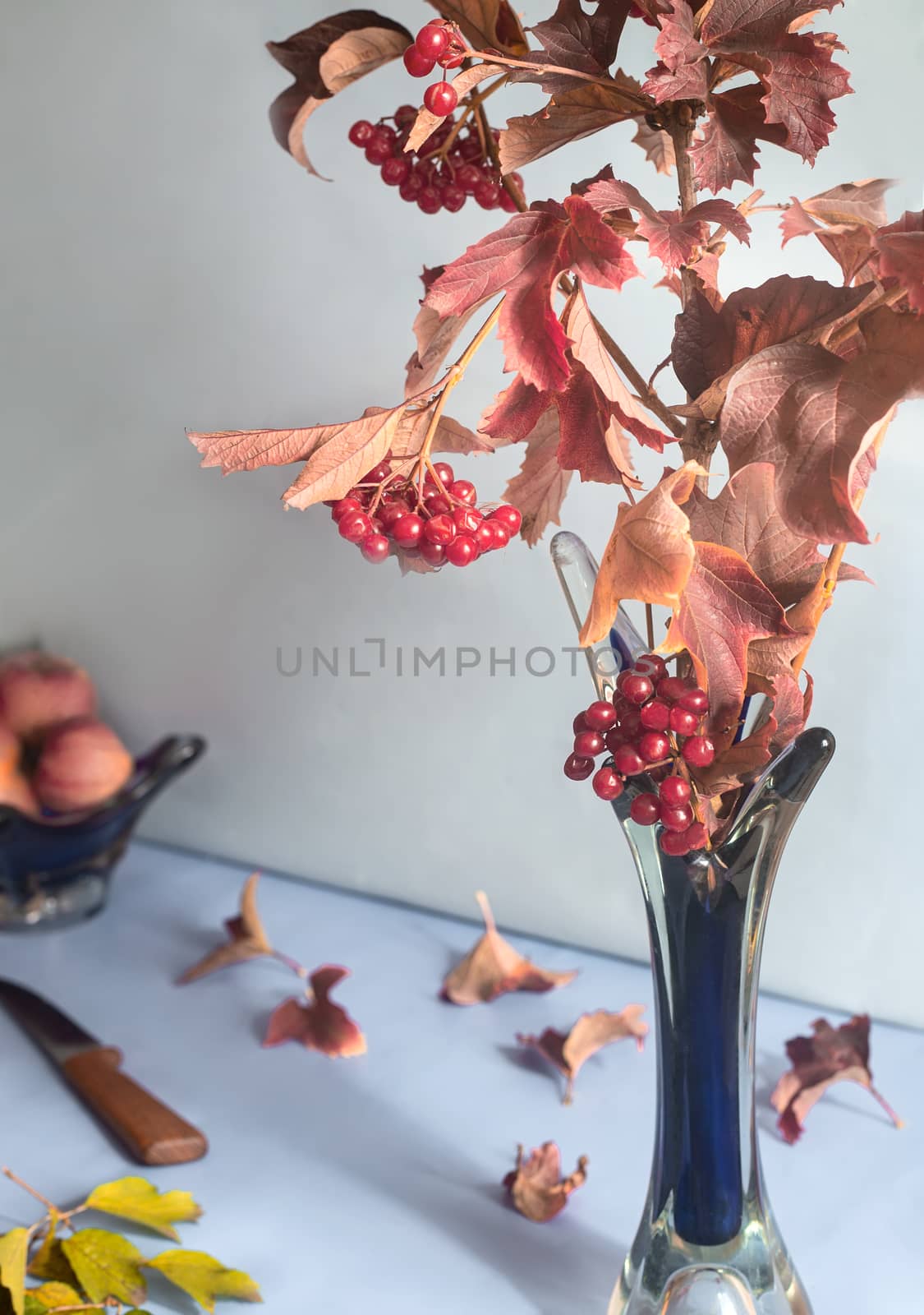 On the table in a glass vase is a branch of viburnum with ripe berries and red autumn leaves. Front view, close-up.