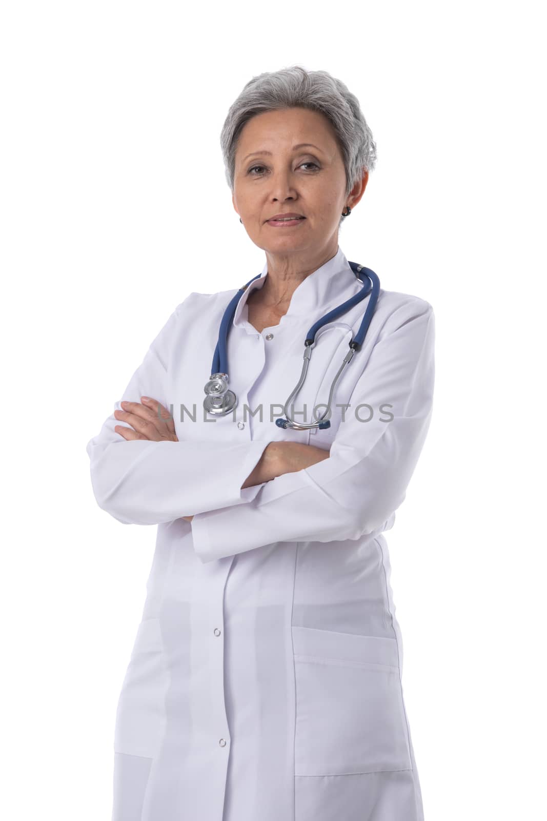 Asian mature female medical doctor with stethoscope isolated on white background, crossed arms gesture