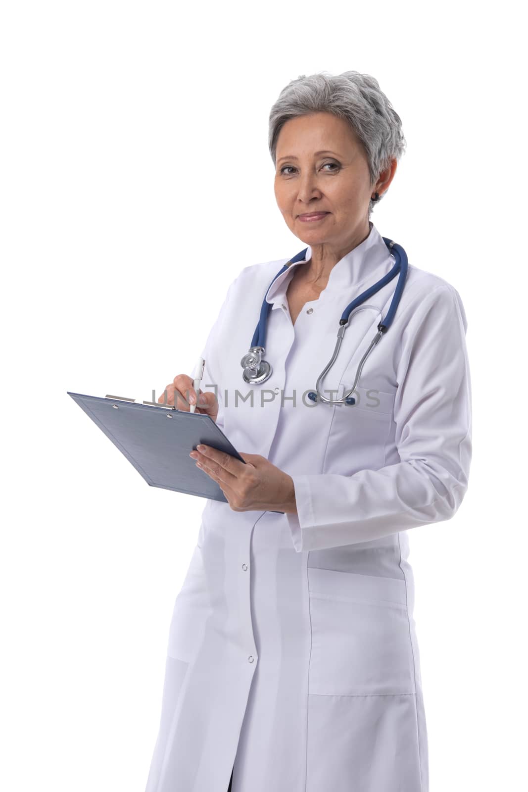 Asian mature female medical doctor with stethoscope taking notes isolated on white background