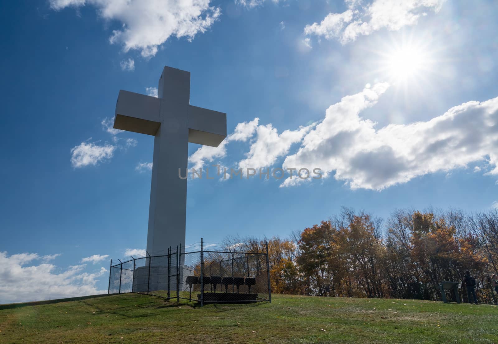 Sun flare around the metal structure of the Great Cross of Christ on Dunbar's Knob in Jumonville, PA