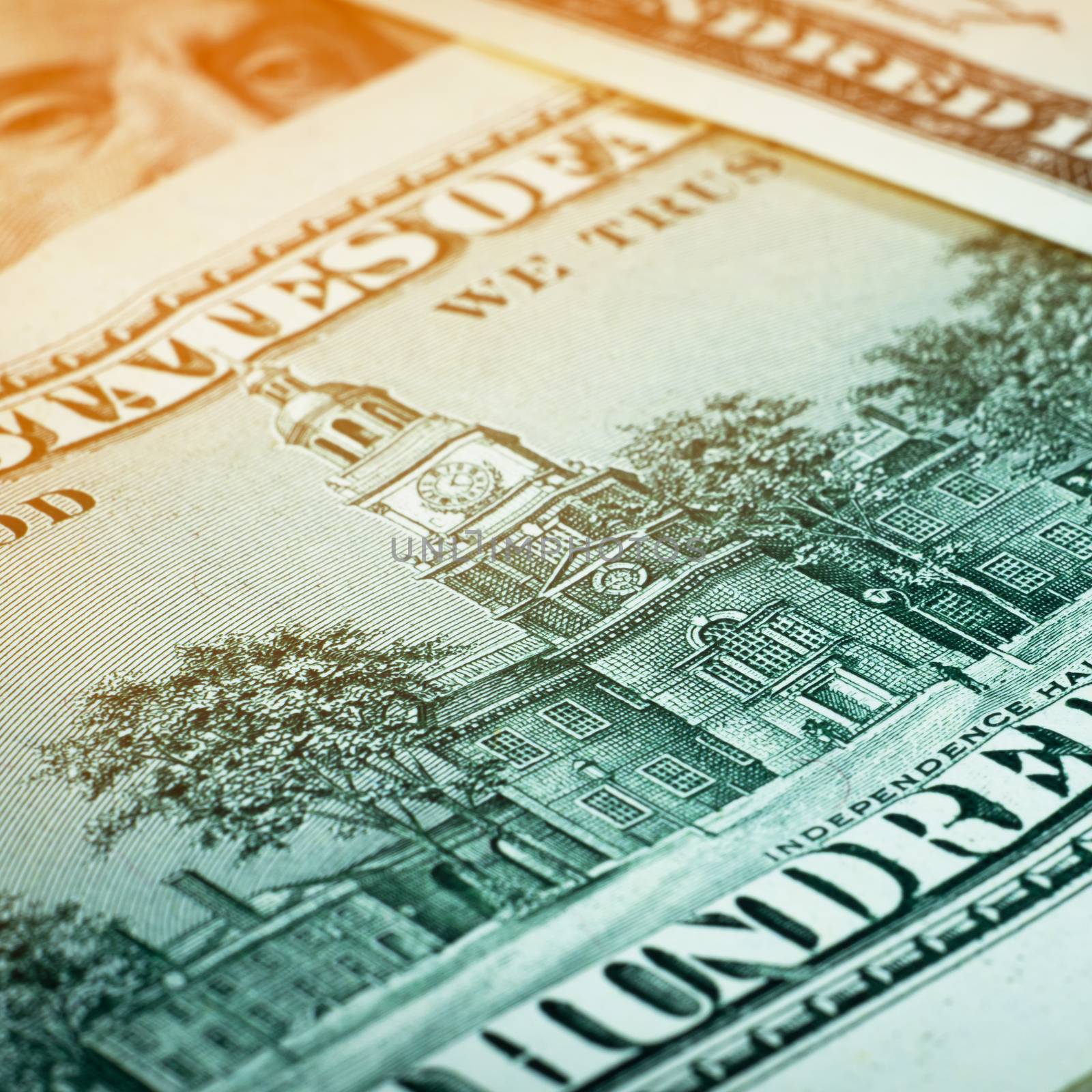 Close up photo of money. Heap of dollar bills. U.S. dollars. Banknotes. Photo aspect ratio 1:1
