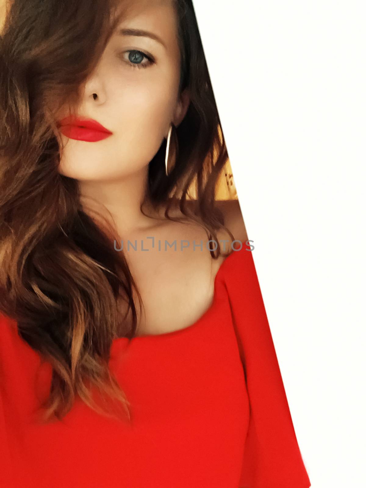 Beautiful model woman wearing red dress and bright lipstick, brunette with long hairstyle and classy makeup, luxury fashion and beauty brands