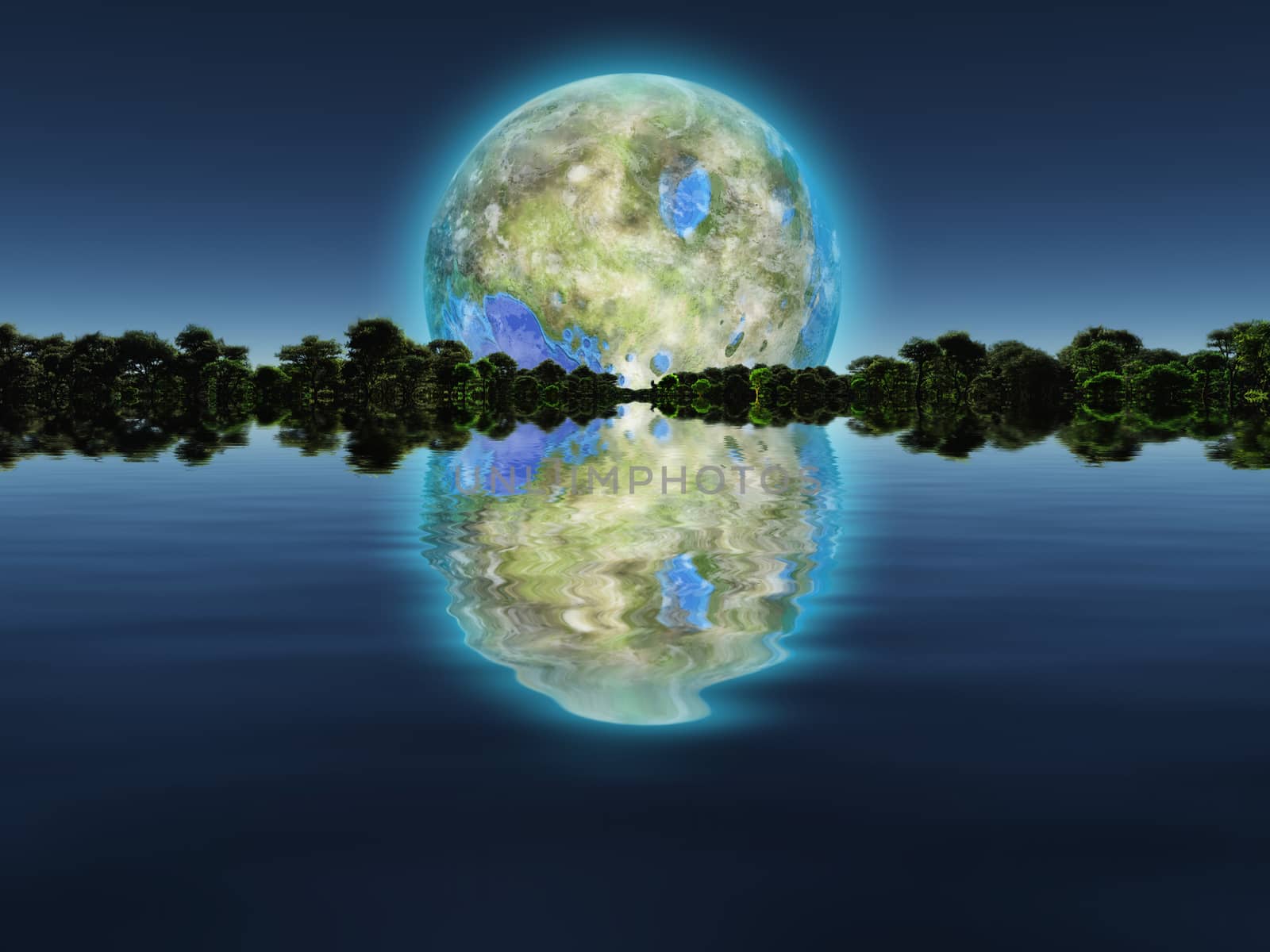 Terraformed moon over water world. 3D rendering