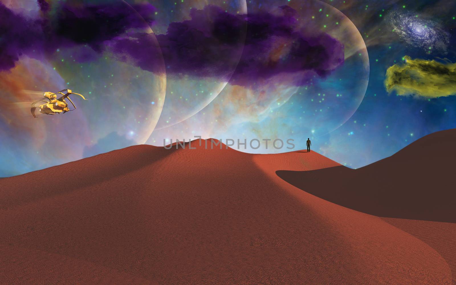 Lonely man in desert on alien planet. 3D rendering