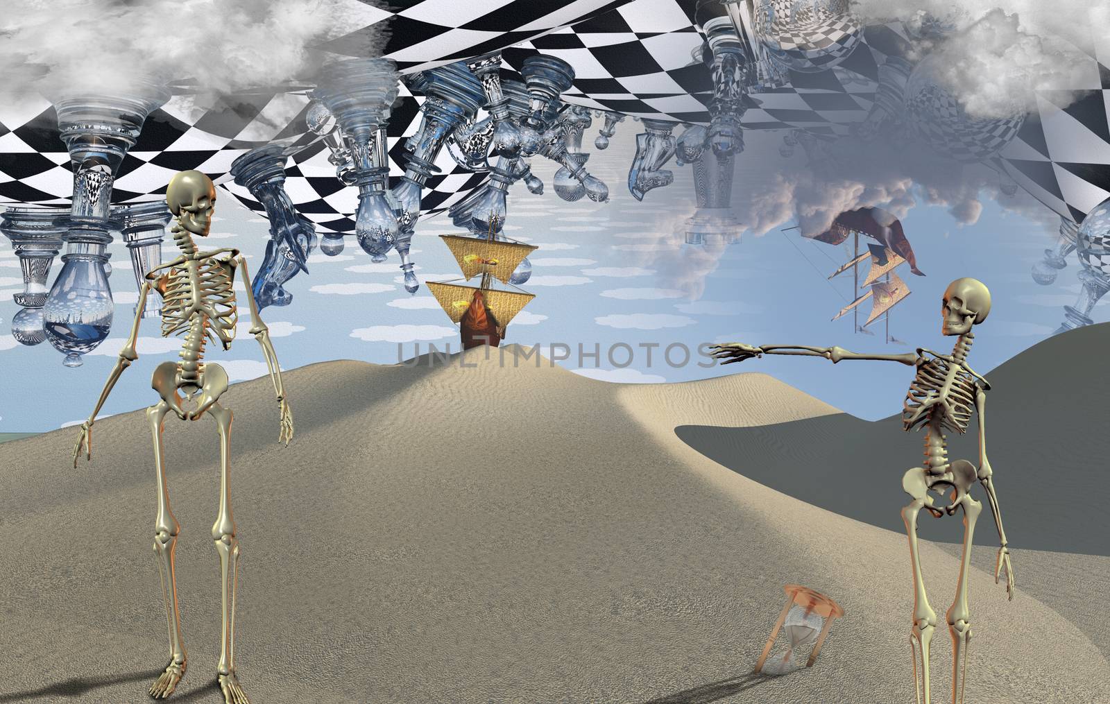 Surreal desert with chessboard and figures. Ancient ship in the sky. Skeletons and hourglass. Ancient ship on a sand dune. 3D rendering